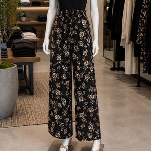 Bloomchic Womens Wide Leg Pants Black Floral Print Elastic Waist Plus Size 26